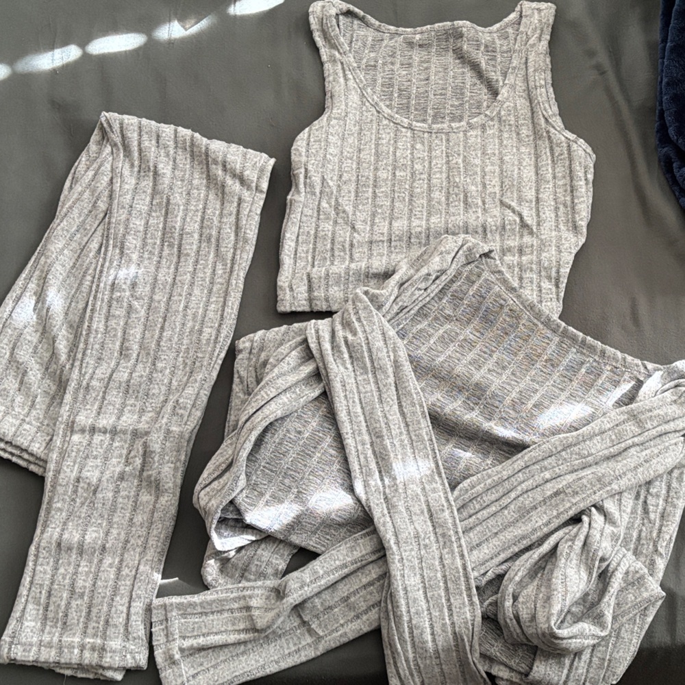 Gray Ribbed Knit Lounge Set